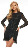 Cocktail Short Natural Waistline Jeweled Neck Fitted Beaded Slit Long Sleeves Sheath Sheath Dress