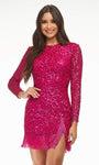 Sheath Beaded Slit Fitted Natural Waistline Jeweled Neck Long Sleeves Cocktail Short Sheath Dress