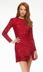 Cocktail Short Long Sleeves Sheath Natural Waistline Jeweled Neck Beaded Slit Fitted Sheath Dress