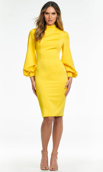 Natural Waistline Fitted Back Zipper Asymmetric Draped High-Neck Bishop Sleeves Sheath Above the Knee Sheath Dress