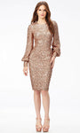 Jeweled Neck Sheath Bishop Long Sleeves Fitted Sequined Natural Waistline Cocktail Tea Length Sheath Dress