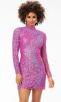 High-Neck Cocktail Short Long Sleeves General Print Back Zipper Sequined Glittering Sheath Sheath Dress