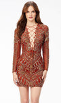 Tall V-neck Floral Print Beaded Back Zipper Sequined Lace-Up Corset Natural Waistline Sheath Metallic Long Sleeves Cocktail Short Fall Sheath Dress/Evening Dress