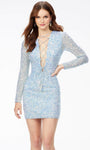 V-neck Sheath Corset Natural Waistline Plunging Neck Cocktail Short Long Sleeves Fitted Lace-Up Sequined Back Zipper Sheath Dress