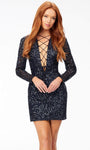 V-neck Long Sleeves Sheath Cocktail Short Plunging Neck Sequined Lace-Up Back Zipper Fitted Corset Natural Waistline Sheath Dress