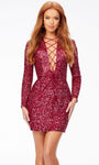 V-neck Plunging Neck Cocktail Short Corset Natural Waistline Back Zipper Lace-Up Fitted Sequined Sheath Long Sleeves Sheath Dress