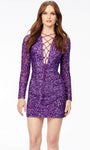 V-neck Plunging Neck Corset Natural Waistline Long Sleeves Sheath Cocktail Short Lace-Up Back Zipper Fitted Sequined Sheath Dress