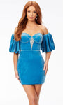 Fitted Back Zipper Crystal Beaded Corset Natural Waistline Puff Sleeves Sleeves Off the Shoulder Cocktail Above the Knee Sheath Sweetheart Velvet Sheath Dress