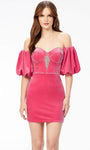 Sheath Puff Sleeves Sleeves Off the Shoulder Sweetheart Fitted Back Zipper Crystal Beaded Cocktail Above the Knee Corset Natural Waistline Velvet Sheath Dress