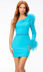 Sheath Long Sleeves One Shoulder Natural Waistline Asymmetric Open-Back Back Zipper Beaded Cocktail Above the Knee Sheath Dress