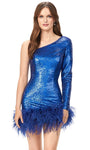 Sheath Long Sleeves One Shoulder Natural Waistline Cocktail Short Back Zipper Sequined Beaded Asymmetric Sheath Dress