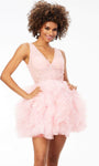 A-line V-neck Natural Waistline Cocktail Short Sleeveless Open-Back Beaded Fitted Back Zipper Tiered Tulle Dress With Ruffles