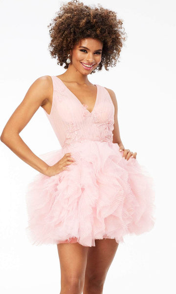 A-line V-neck Tulle Beaded Fitted Tiered Open-Back Back Zipper Cocktail Short Natural Waistline Sleeveless Dress With Ruffles
