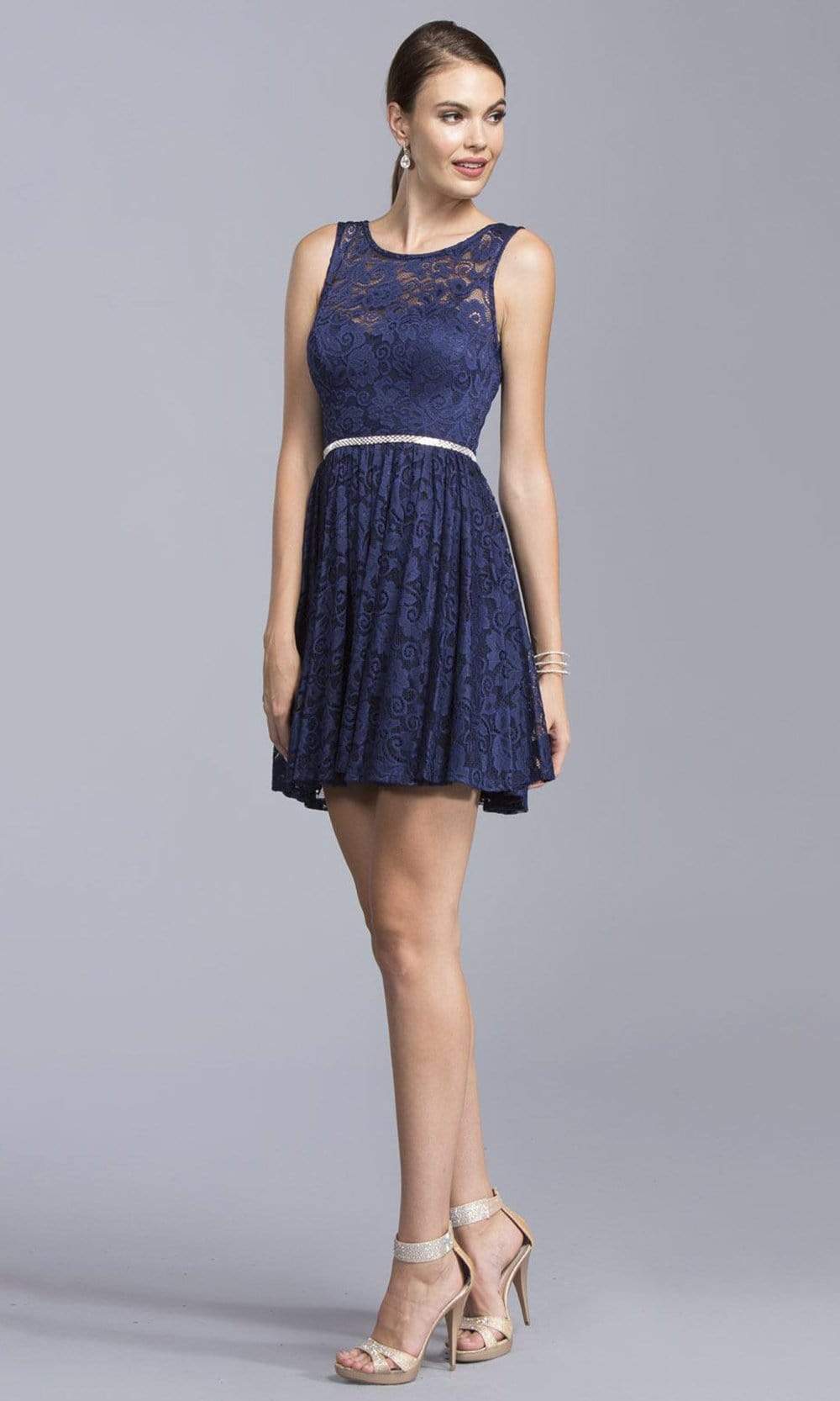 Aspeed Design - D124 Short Bejeweled Waist Lace Dress
