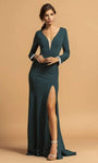 Tall V-neck Plunging Neck Floor Length Sheer Back Zipper Illusion Slit Long Sleeves Mermaid Natural Princess Seams Waistline Dress with a Brush/Sweep Train