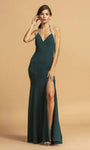 Jersey Sleeveless Sheath Natural Waistline Back Zipper Slit Jeweled Halter Plunging Neck Sheath Dress with a Brush/Sweep Train With Rhinestones