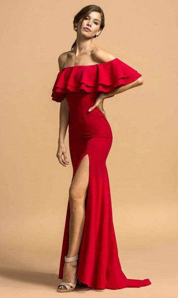 Sophisticated Straight Neck Slit Open-Back Fitted Back Zipper Off the Shoulder Sheath Natural Waistline Floor Length Bodycon Dress/Sheath Dress with a Brush/Sweep Train