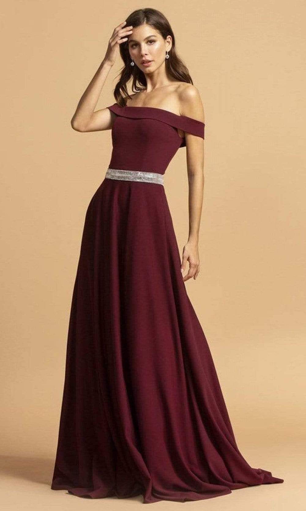 Aspeed Design - D302 Off-Shoulder Crystal Embellished A-Line Gown
