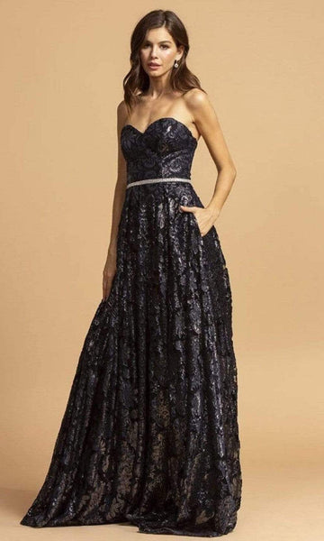 A-line Strapless Back Zipper Beaded Pocketed Open-Back Jacquard Floor Length Natural Waistline Sweetheart Dress with a Brush/Sweep Train