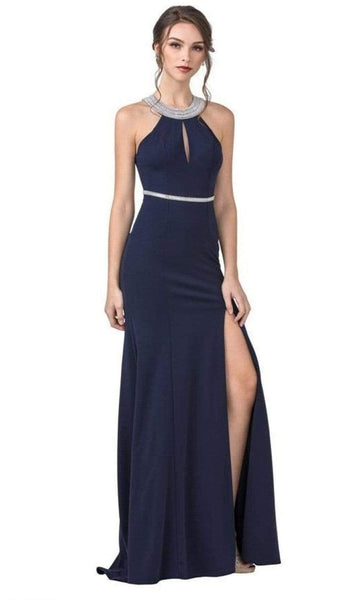 Sexy Sophisticated Sleeveless Floor Length Back Zipper Open-Back Fitted Keyhole Slit Beaded Natural Waistline Halter Sheath Bodycon Dress/Sheath Dress/Pageant Dress/Prom Dress with a Brush/Sweep Train