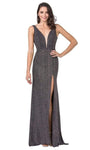 Sophisticated V-neck Sleeveless Sheath Floor Length Natural Waistline V Back Back Zipper Sheer Jacquard Slit Plunging Neck Sheath Dress with a Brush/Sweep Train