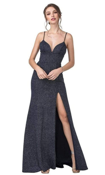 A-line V-neck Fit-and-Flare Sleeveless Spaghetti Strap Floor Length Lace-Up Slit Flowy Glittering Fitted Open-Back Plunging Neck Natural Waistline Dress with a Brush/Sweep Train