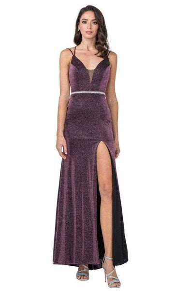 Sexy V-neck Floor Length Spaghetti Strap Natural Waistline Plunging Neck Sheer Fitted Glittering Slit Sheath Sheath Dress