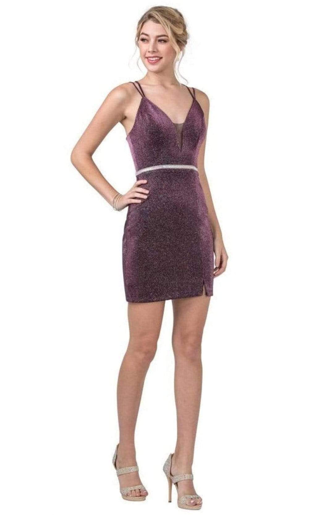 Aspeed Design - D419 Glittered V Neck Sheath Short Dress
