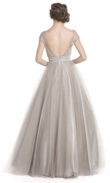 A-line Bateau Neck Back Zipper Beaded Illusion Jeweled Tulle Natural Waistline Cap Sleeves Floor Length Dress