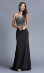 Sophisticated A-line Floor Length Halter Sleeveless Natural Waistline Applique Beaded Open-Back Back Zipper Evening Dress