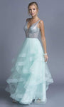 A-line V-neck Natural Waistline Sheer Fitted Plunging Neck Tulle Sleeveless Dress With Ruffles