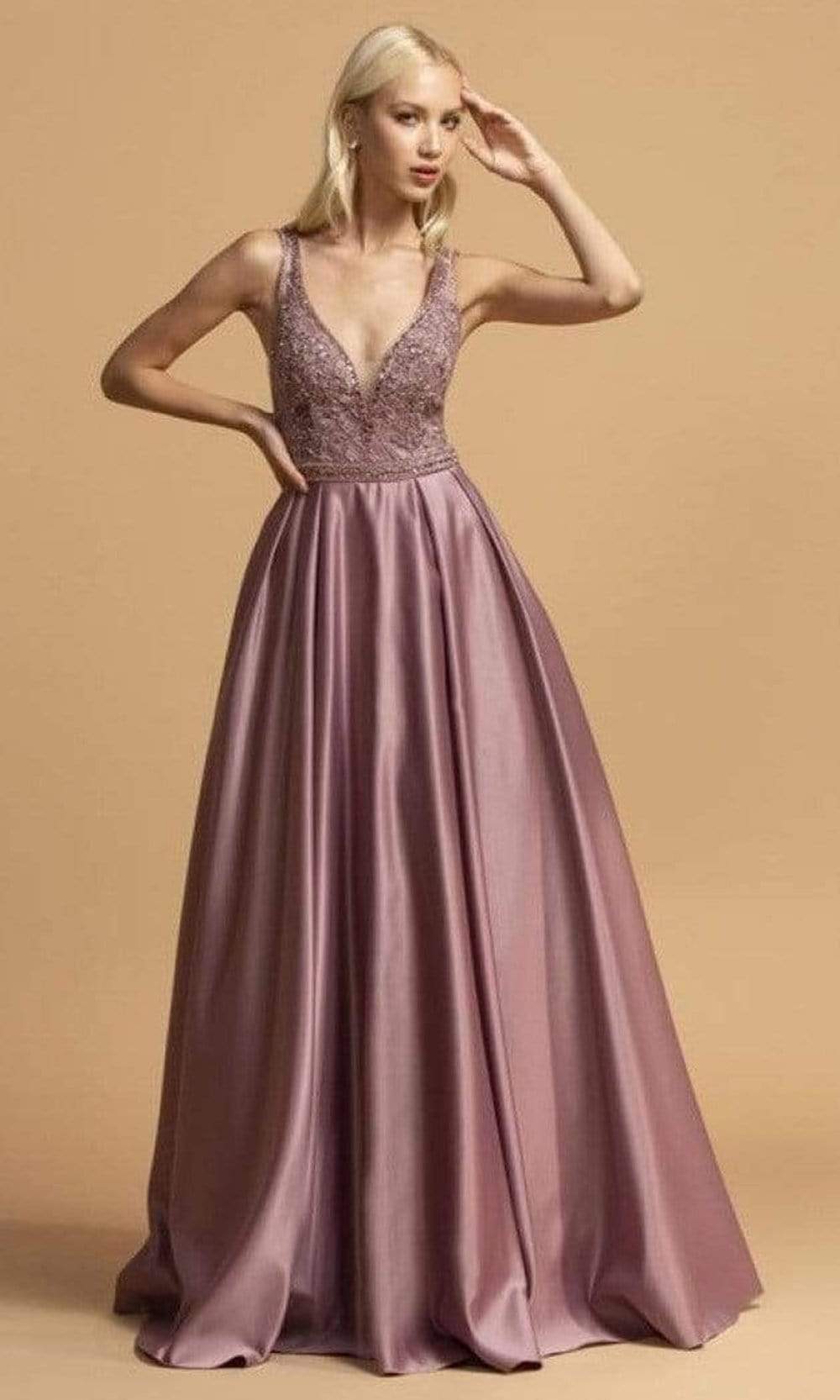 Aspeed Design - L2001 Embroidered Deep V Neck Satin A-Line Gown
