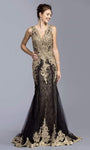 Sophisticated A-line V-neck Applique Natural Waistline Sleeveless Floor Length Evening Dress