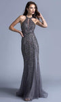 Sheath Halter Floor Length Natural Waistline Tulle Back Zipper Open-Back Beaded Applique Sleeveless Sheath Dress/Evening Dress/Party Dress