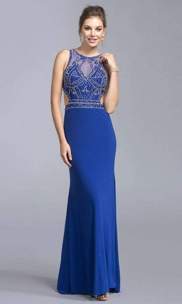 Sexy Cutout Beaded Fitted Flowy Illusion Back Zipper Keyhole Open-Back Natural Waistline Sheath Floor Length Sleeveless Jeweled Neck Sheath Dress/Evening Dress/Party Dress with a Brush/Sweep Train
