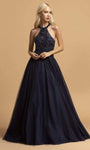 A-line Halter Sleeveless Natural Waistline Back Zipper Open-Back Beaded Floor Length Evening Dress