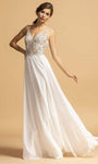 A-line V-neck Floor Length Sleeveless Embroidered Beaded Back Zipper Natural Waistline Chiffon Evening Dress