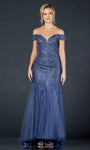 Fitted Back Zipper Embroidered Off the Shoulder Floor Length Mermaid Tulle Natural Waistline Dress