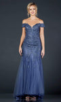 Natural Waistline Off the Shoulder Fitted Back Zipper Embroidered Tulle Floor Length Mermaid Dress