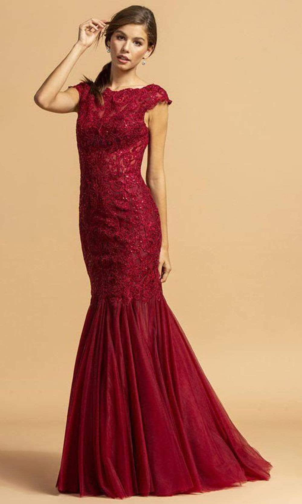 Aspeed Design - L2093 Cap Sleeve Applique Trumpet Dress
