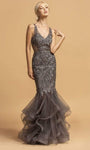 V-neck Mermaid Embroidered Back Zipper Floor Length Sleeveless Plunging Neck Natural Waistline Evening Dress