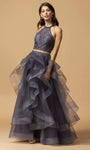 A-line Tulle Halter Beaded Open-Back Tiered Embroidered Back Zipper Natural Waistline Dress With Rhinestones and Ruffles