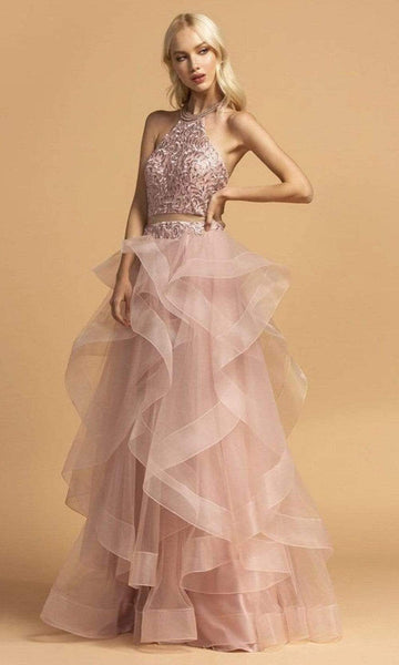 A-line Tulle Tiered Embroidered Back Zipper Beaded Open-Back Natural Waistline Halter Dress With Rhinestones and Ruffles