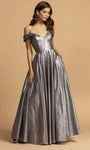 Tall A-line Off the Shoulder Back Zipper Open-Back Illusion Sheer Natural Waistline Metallic Floor Length Plunging Neck Dress