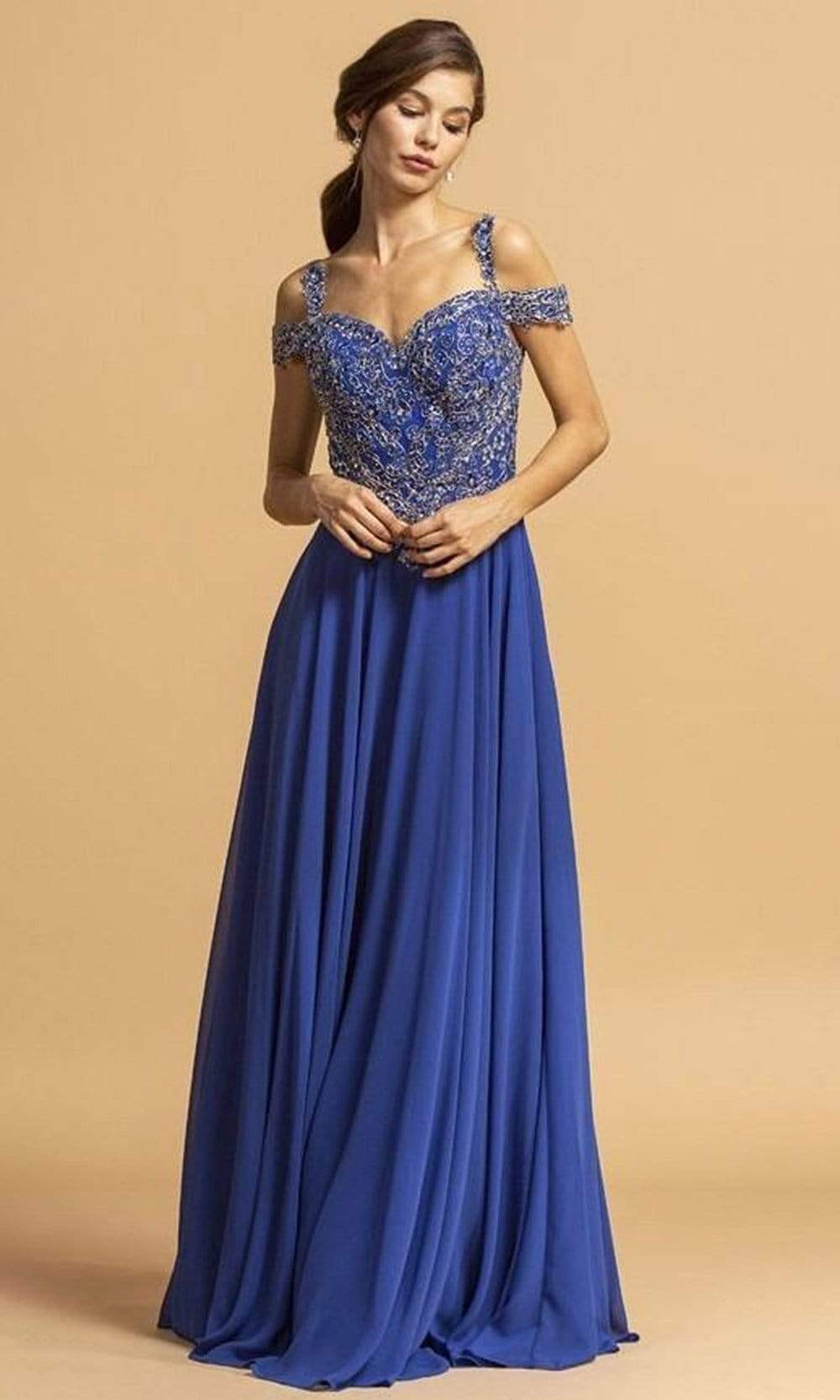 Aspeed Design - L2154 Beaded Cold Shoulder Chiffon Dress
