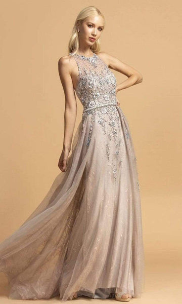 A-line Floor Length Beaded Illusion Back Zipper Jeweled Flowy Crystal Halter Natural Waistline Sleeveless Dress with a Brush/Sweep Train