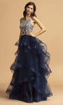 A-line Natural Waistline Floor Length Illusion Applique Cutout Tiered Beaded Scoop Neck Dress With Ruffles