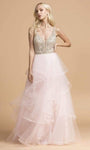 A-line V-neck Natural Waistline Tulle Sleeveless Sheer Back Zipper Illusion Beaded Open-Back Tiered Floor Length Dress