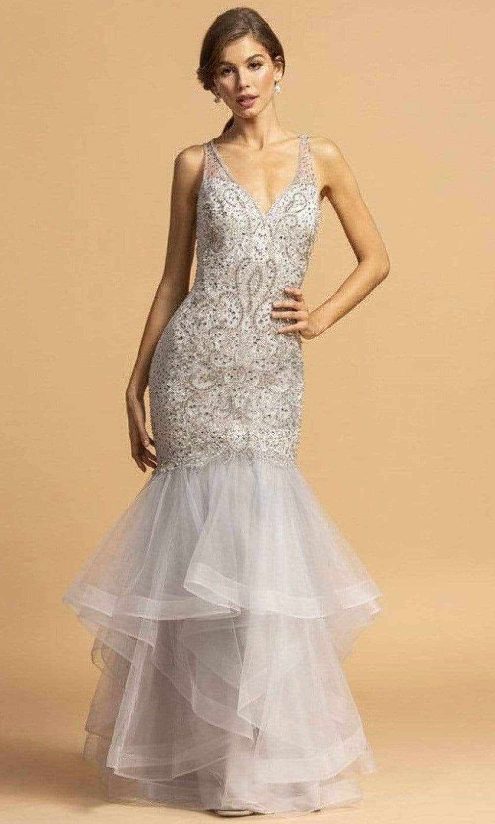 Aspeed Design - L2163 V-Neck Beaded Trumpet Dress
