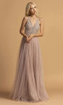 A-line V-neck Floor Length Beaded Open-Back Back Zipper Illusion Sheer Sleeveless Natural Waistline Tulle Dress With Rhinestones